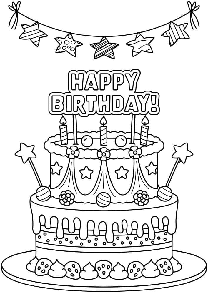Free Printable Birthday Coloring Pages for Kids Colouring Book Happy Bday Printout Kids Cake Fancy Stars