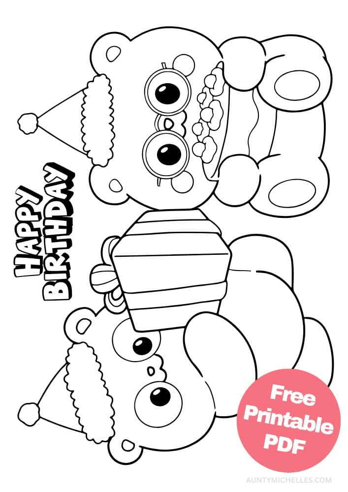 Free Printable Birthday Coloring Pages for Kids Colouring Book Happy Bday Printout Kids bear cake present party hat cute