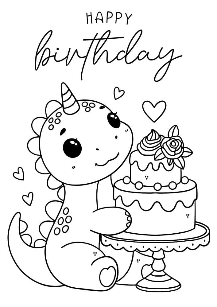 Free Printable Birthday Coloring Pages for Kids Colouring Book Happy Bday Printout Kids cute dinosaur cake hearts