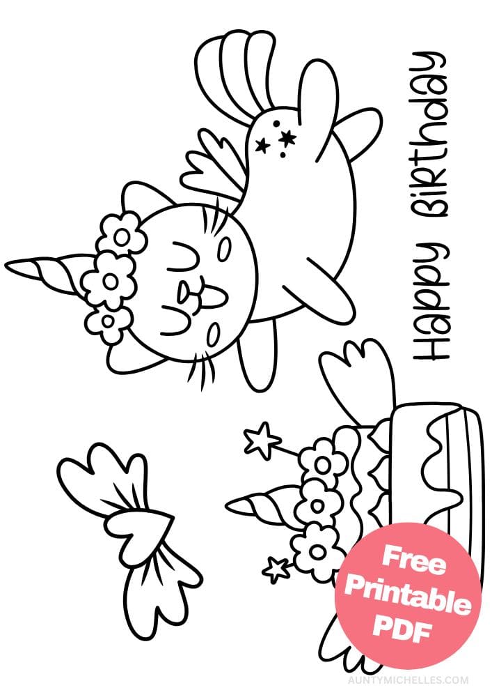 Free Printable Birthday Coloring Pages for Kids Colouring Book Happy Bday Printout cat unicorn cake heart