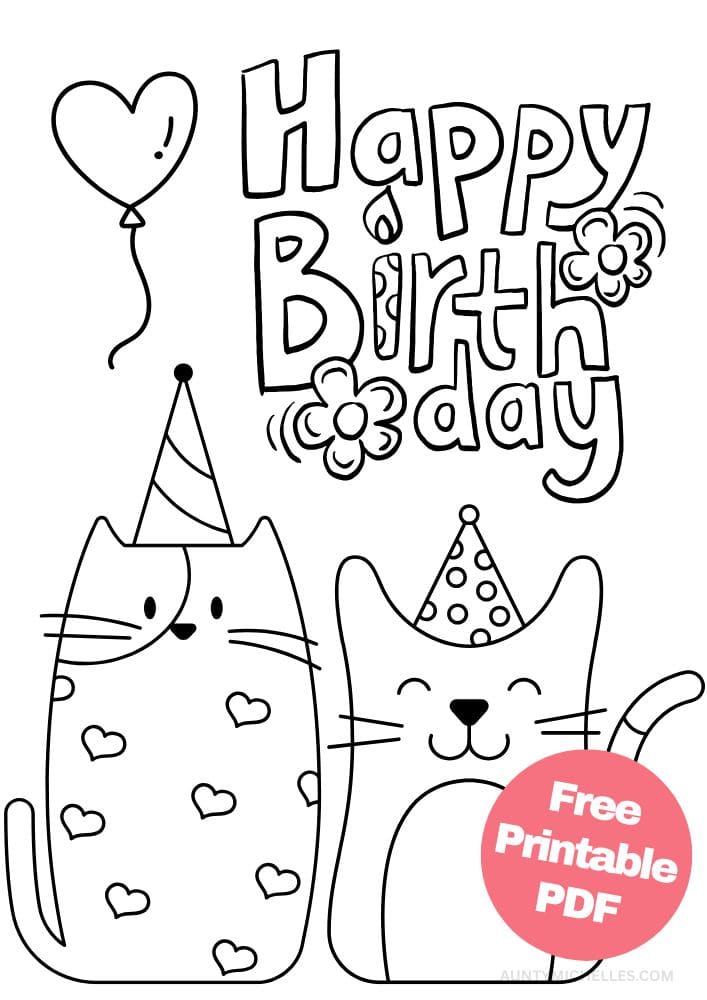 Free Printable Birthday Coloring Pages for Kids Colouring Book Happy Bday Printout cats party hats balloon