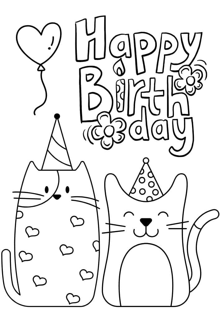 Free Printable Birthday Coloring Pages for Kids Colouring Book Happy Bday Printout cats party hats balloon