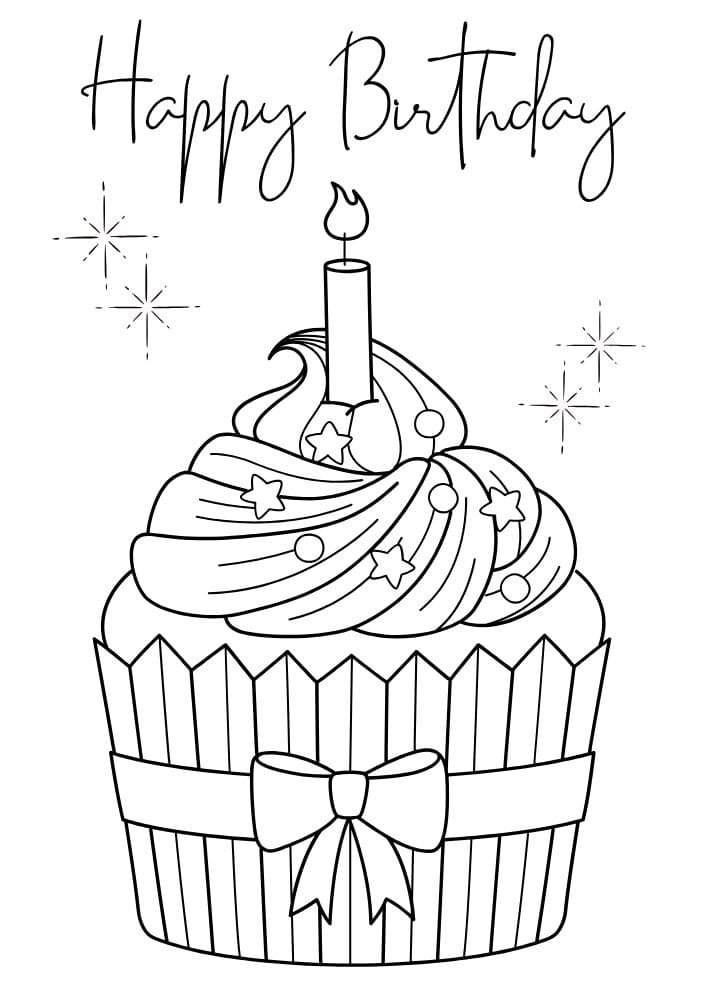 Free Printable Birthday Coloring Pages for Kids Colouring Book Happy Bday Printout cupcake candle bow stars
