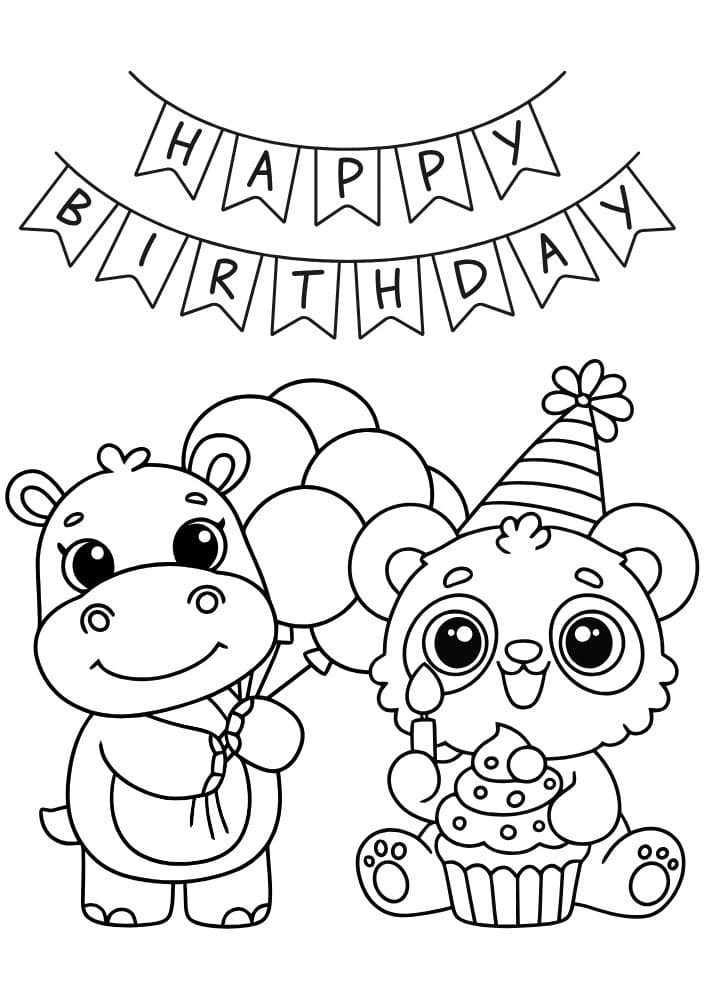 Free Printable Birthday Coloring Pages for Kids Colouring Book Happy Bday Printout hippo animal racoon balloons candle banner