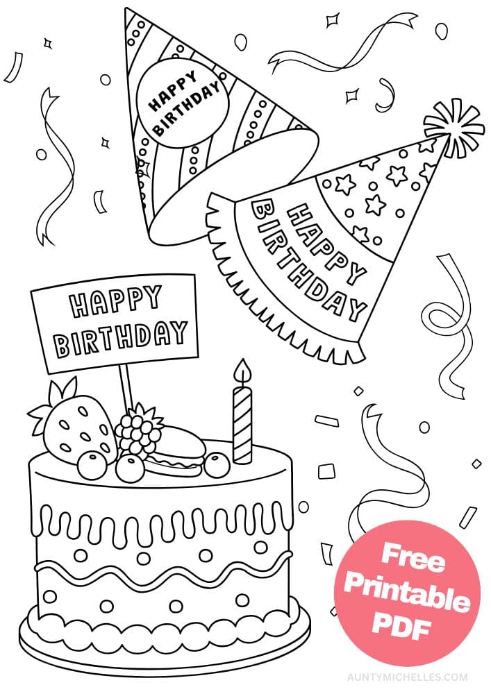 Free Printable Birthday Coloring Pages for Kids Colouring Book Happy Bday Printout party hat cake strawberry confetti