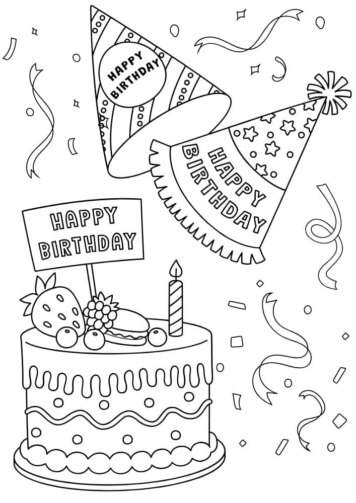 Free Printable Birthday Coloring Pages for Kids Colouring Book Happy Bday Printout party hat cake strawberry confetti