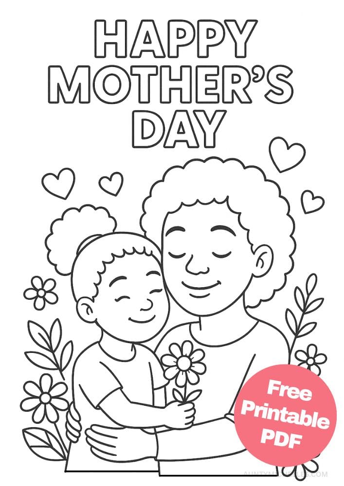 Free Printable Mother's Day Coloring Pages for Kids Colouring Book Mom Flowers Hearts Black Multi Cultural