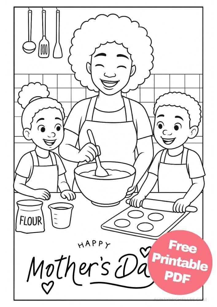 Free Printable Mother's Day Coloring Pages for Kids Colouring Book Mom baking cookies black multu cultural