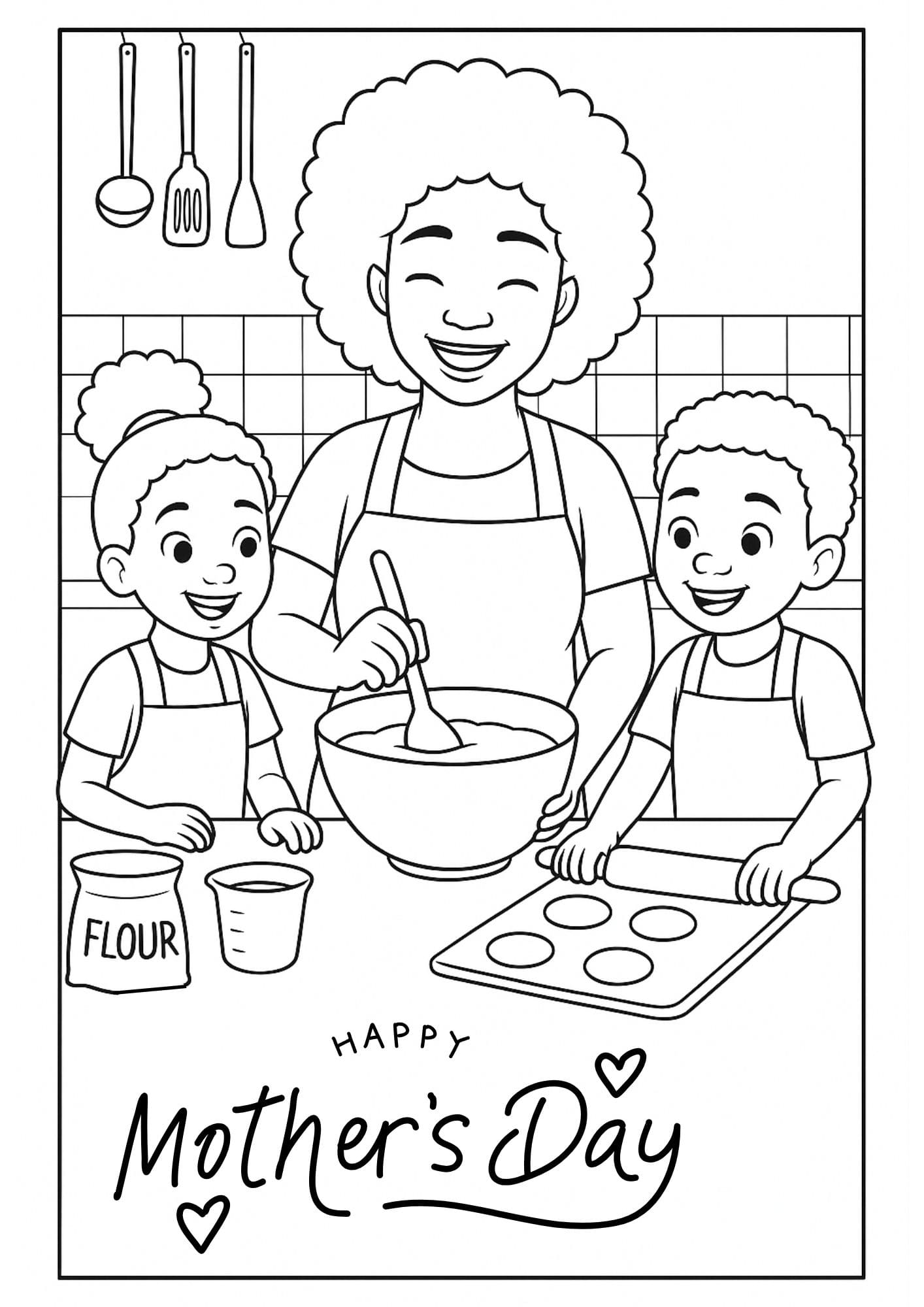 Free Printable Mother's Day Coloring Pages for Kids Colouring Book Mom baking cookies black multu cultural