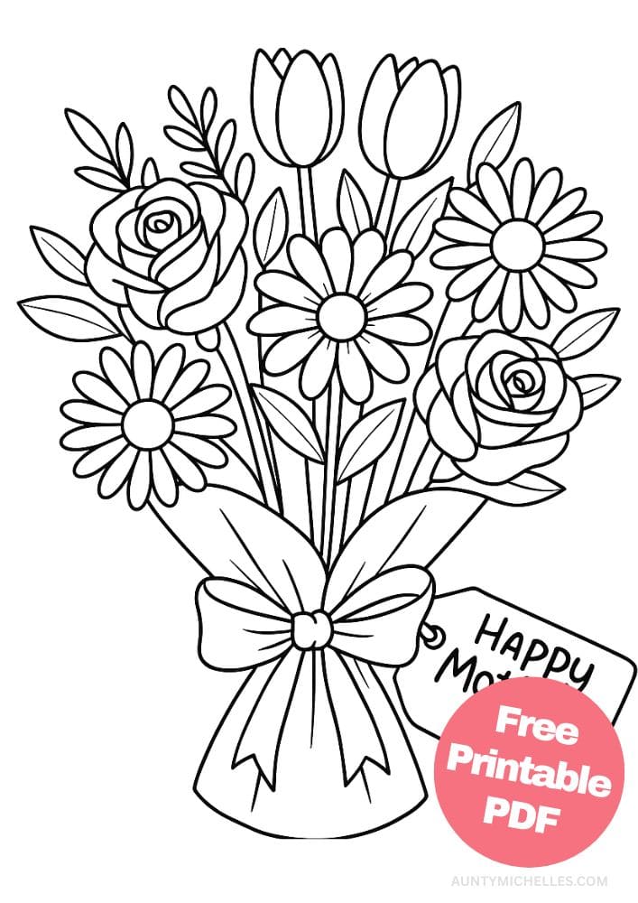Free Printable Mother's Day Coloring Pages for Kids Colouring Book Mom bouquet and tag