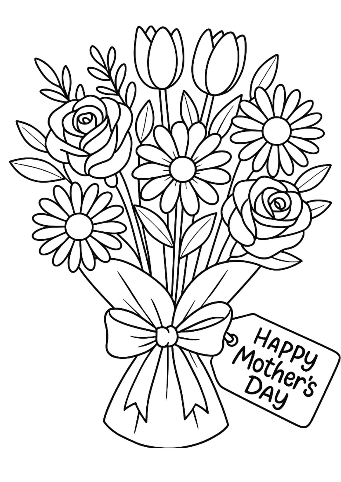 Free Printable Mother's Day Coloring Pages for Kids Colouring Book Mom bouquet and tag