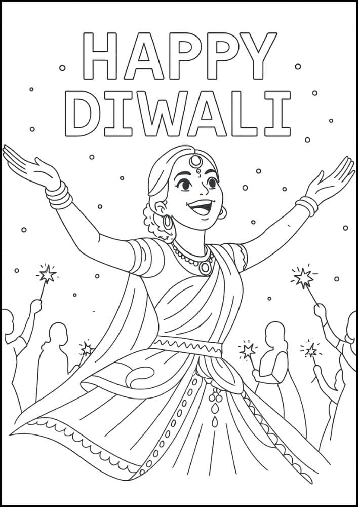 Free Printable Diwali Coloring Pages for Kids Tihar Colouring Book Printout Hindu Activities India Festival Women Dancing