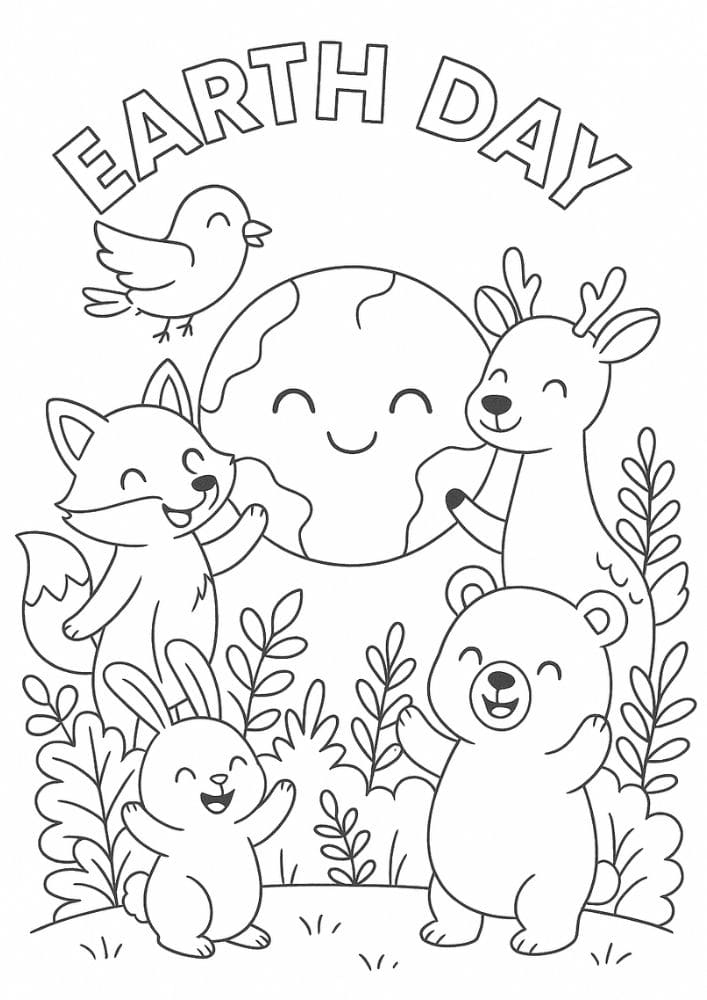 Free Printable Earth Day Coloring Pages for Kids Sustainable Colouring Book Green Printouts Forest Animals Trees Deer Bear Rabbit Fox Bird