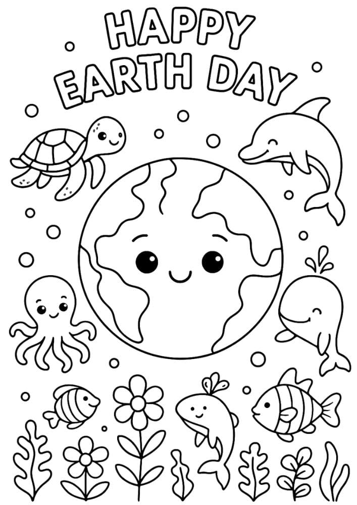 Free Printable Earth Day Coloring Pages for Kids Sustainable Colouring Book Green Printouts Planet Ocean Turtle Dolphin Octopus Whale Fish