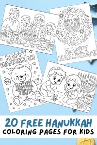 Free Printable Hunukkah Coloring Pages for Kids, Chanukah Colouring Book, Jewish Printable Activities, Menorah, Star of David, Jew, Gelt, Dreidel, Latkes, Sufganiyot, Feast, Family, Presents