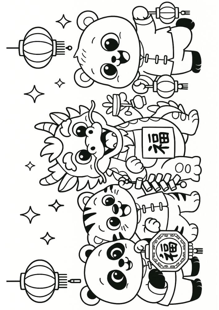 Free Printable Lunar New Year Coloring Pages for Kids Chinese Activities Colouring Book Printout cute panda dragon tiger lantern