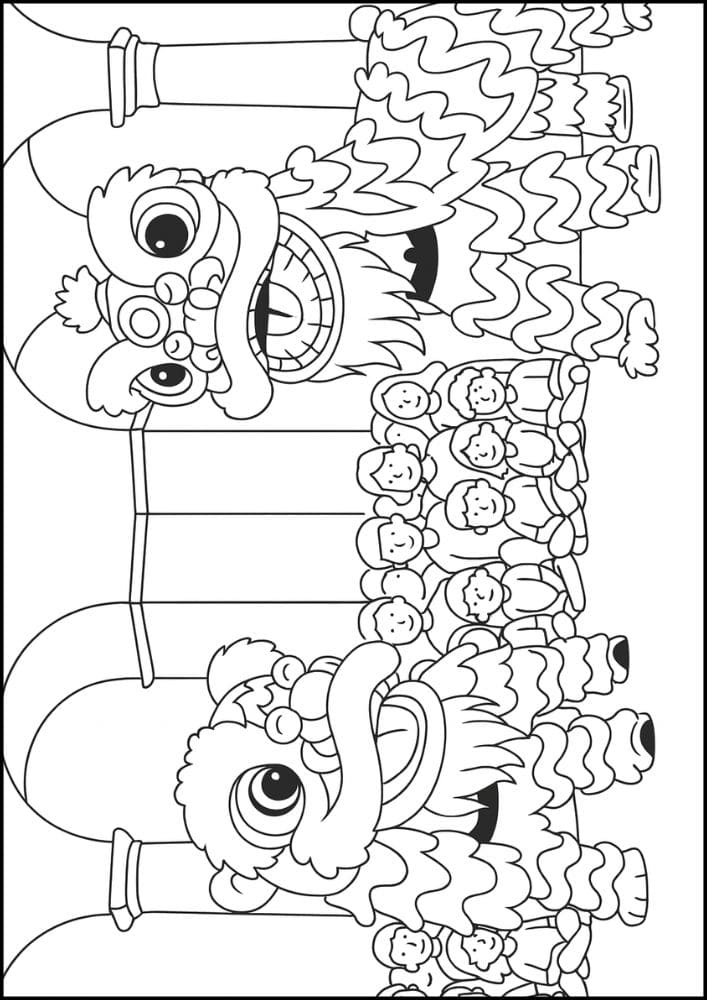 Free Printable Lunar New Year Coloring Pages for Kids Chinese Activities Colouring Book Printout dragon fight people