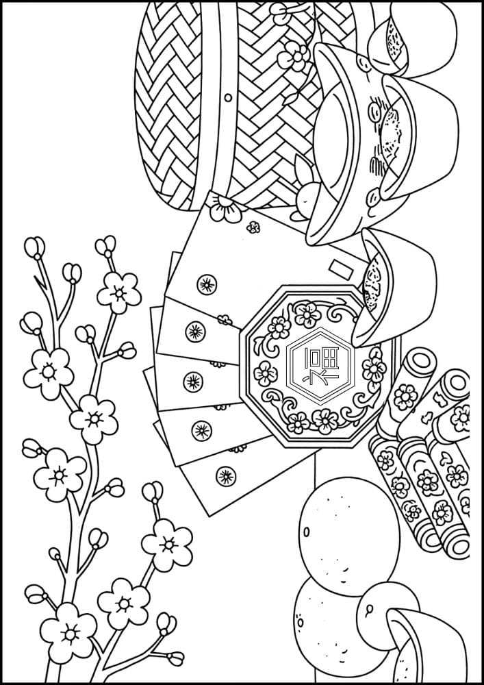 Free Printable Lunar New Year Coloring Pages for Kids Chinese Activities Colouring Book Printout envelope food dumpling cherry blossom orange
