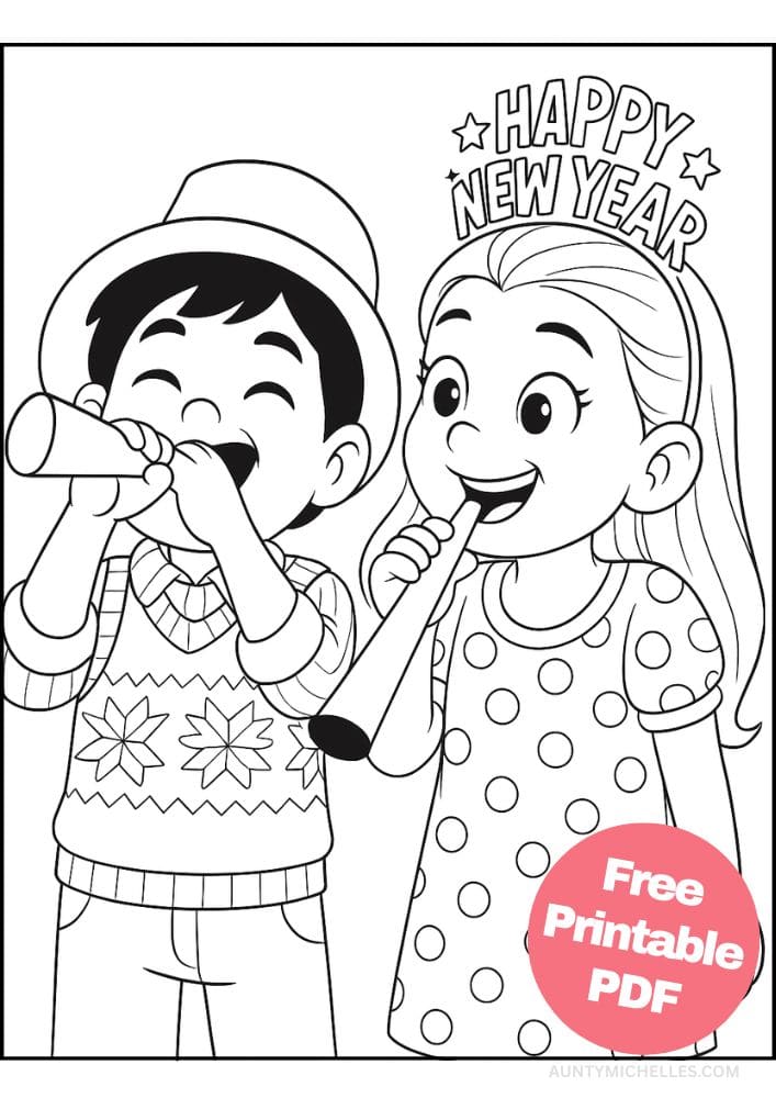 Free Printable New Year's Coloring Pages for Kids New Years Eve Day Holiday Colouring Printout Pages boy girl noise makers
