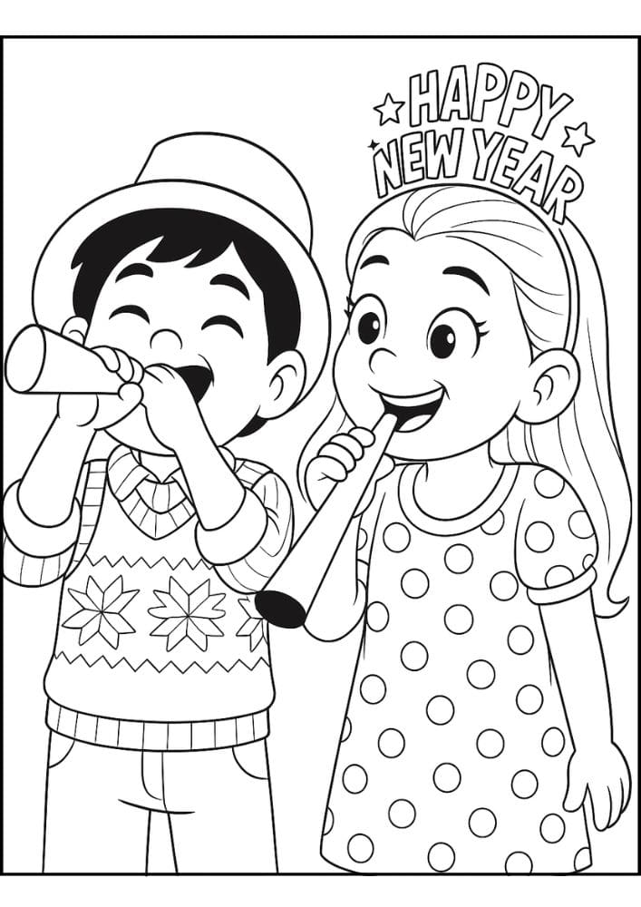 Free Printable New Year's Coloring Pages for Kids New Years Eve Day Holiday Colouring Printout Pages boy girl noise makers
