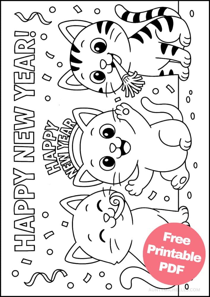 Free Printable New Year's Coloring Pages for Kids New Years Eve Day Holiday Colouring Printout Pages cats confetti