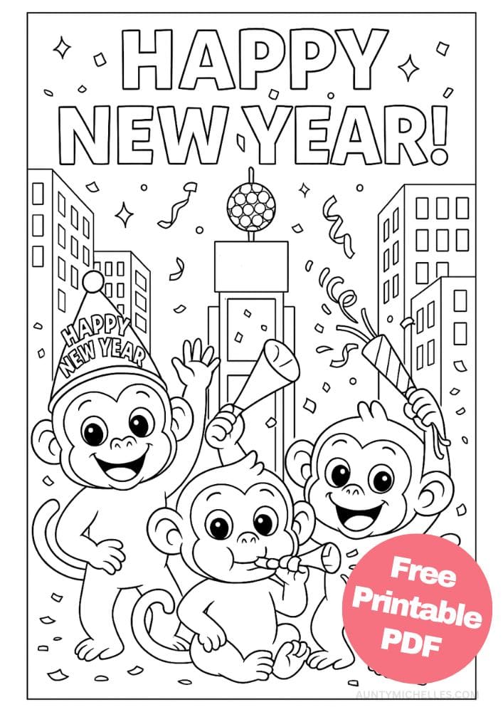 Free Printable New Year's Coloring Pages for Kids New Years Eve Day Holiday Colouring Printout Pages monkey time square