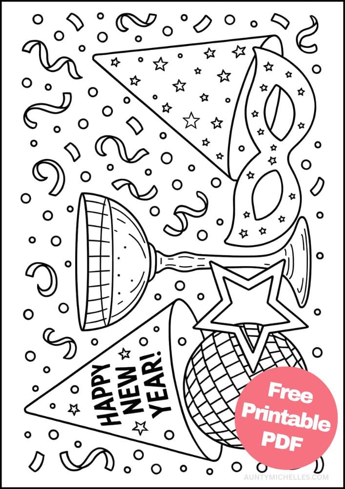 Free Printable New Year's Coloring Pages for Kids New Years Eve Day Holiday Colouring Printout Pages party hat mask confetti