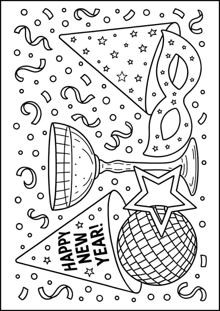 Free Printable New Year's Coloring Pages for Kids New Years Eve Day Holiday Colouring Printout Pages party hat mask confetti