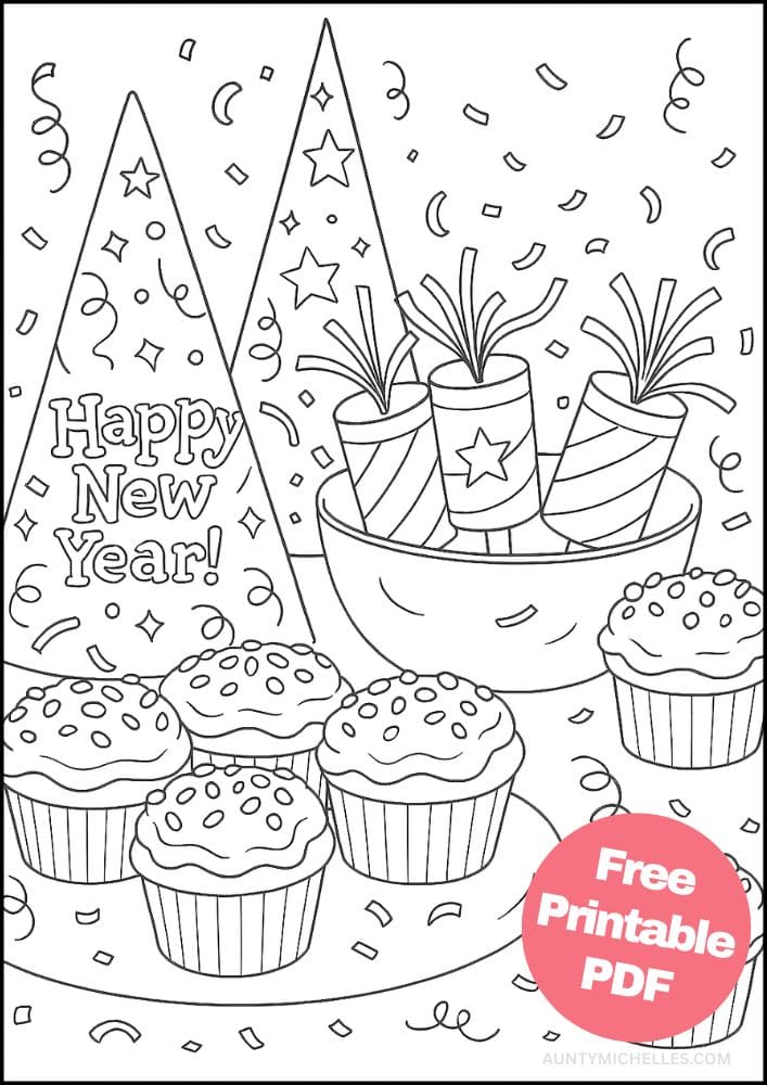 Free Printable New Year's Coloring Pages for Kids New Years Eve Day Holiday Colouring Printout Pages party poppers hats