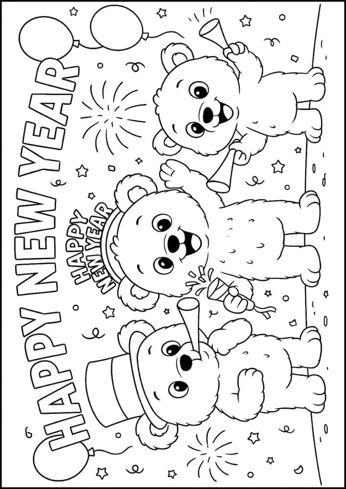 Free Printable New Year's Coloring Pages for Kids New Years Eve Day Holiday Colouring Printout Pages teddy bears