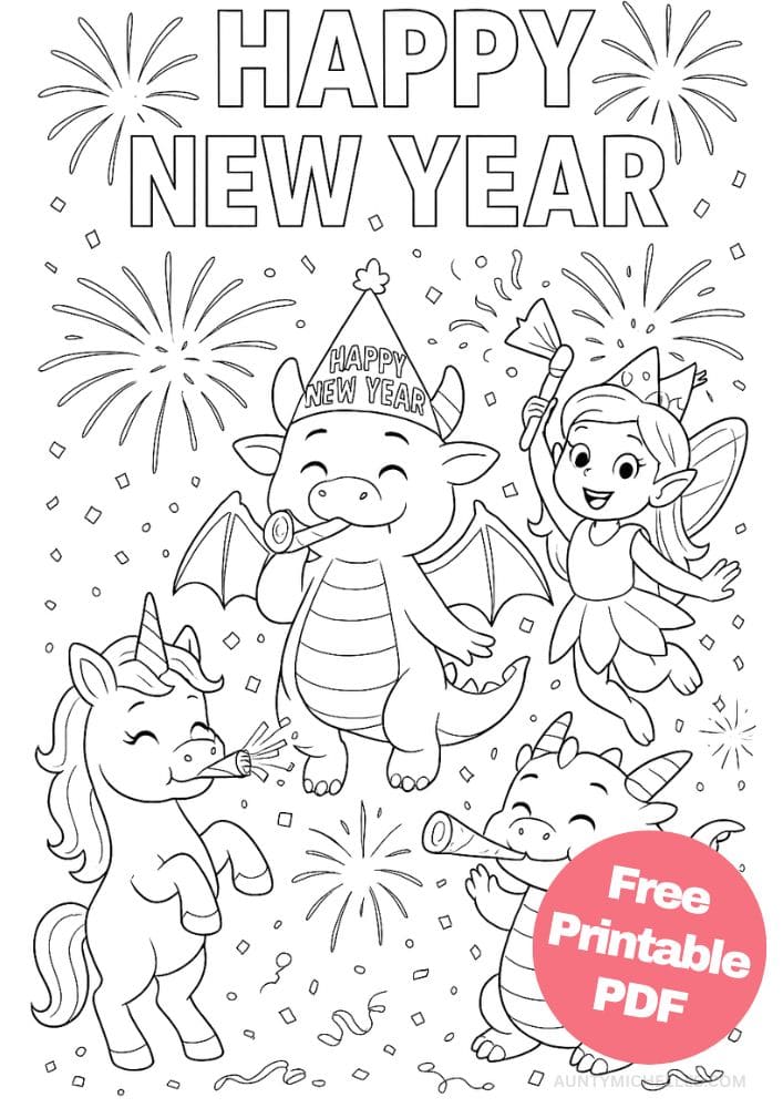 Free Printable New Year's Coloring Pages for Kids New Years Eve Day Holiday Colouring Printout Pages unicorn, dragon, fairy mythical