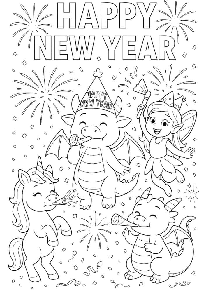 Free Printable New Year's Coloring Pages for Kids New Years Eve Day Holiday Colouring Printout Pages unicorn, dragon, fairy mythical