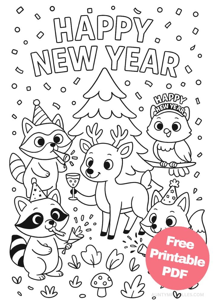Free Printable New Year's Coloring Pages for Kids New Years Eve Day Holiday Colouring Printout Pages woodland creatures animals