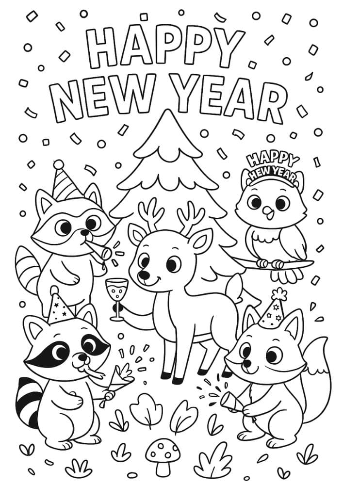 Free Printable New Year's Coloring Pages for Kids New Years Eve Day Holiday Colouring Printout Pages woodland creatures animals