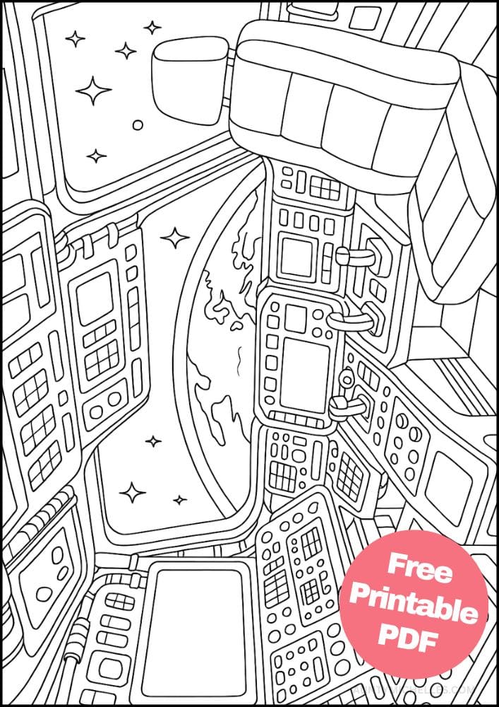 Free Printable Spaceship Coloring Pages for Kids Colouring Book Printout Outer Space Astronaut Science Scifi Bridge Cockpit