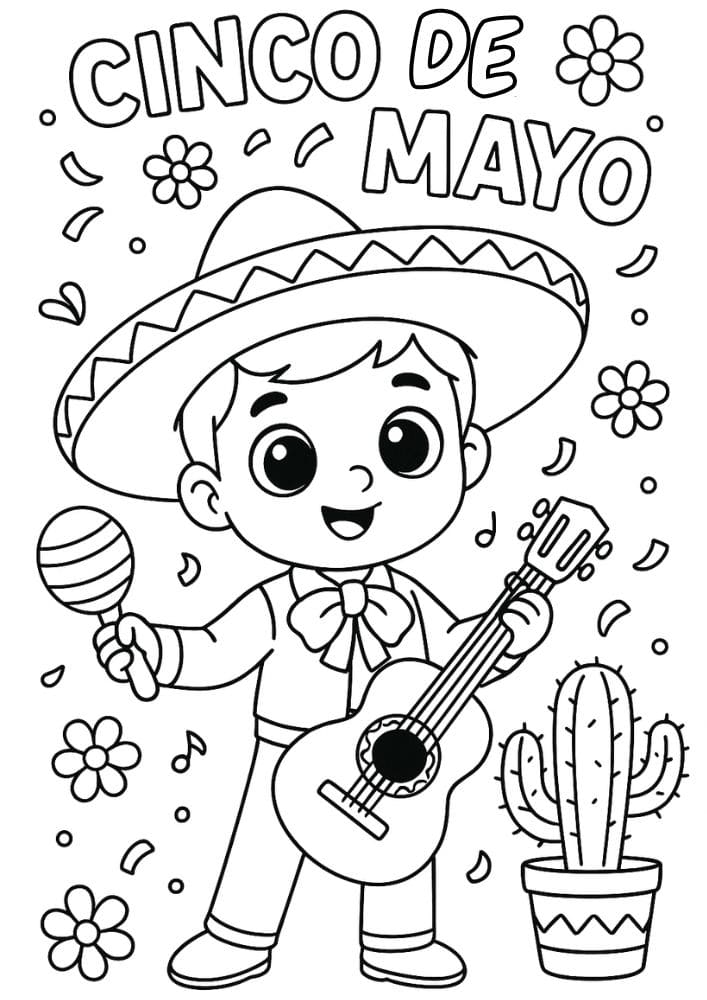 Free Printable Cinco de Mayo Coloring Pages for Kids Inclusive Colouring Book Printout Mexican Mariachi bands cartoon