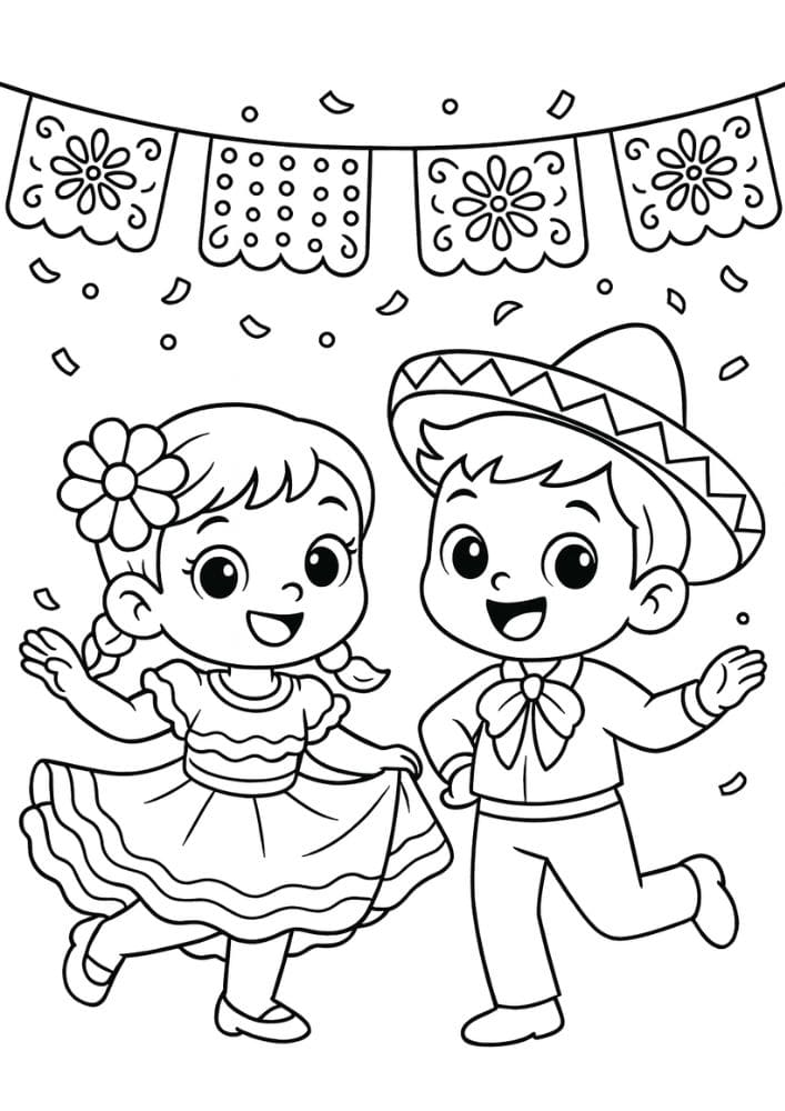 Free Printable Cinco de Mayo Coloring Pages for Kids Inclusive Colouring Book Printout Mexican folk dance papel picado