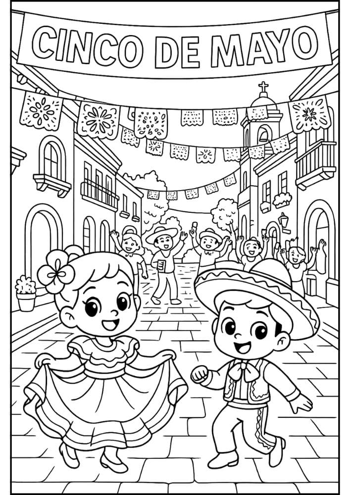 Free Printable Cinco de Mayo Coloring Pages for Kids Inclusive Colouring Book Printout Mexican street festival papel picado dance