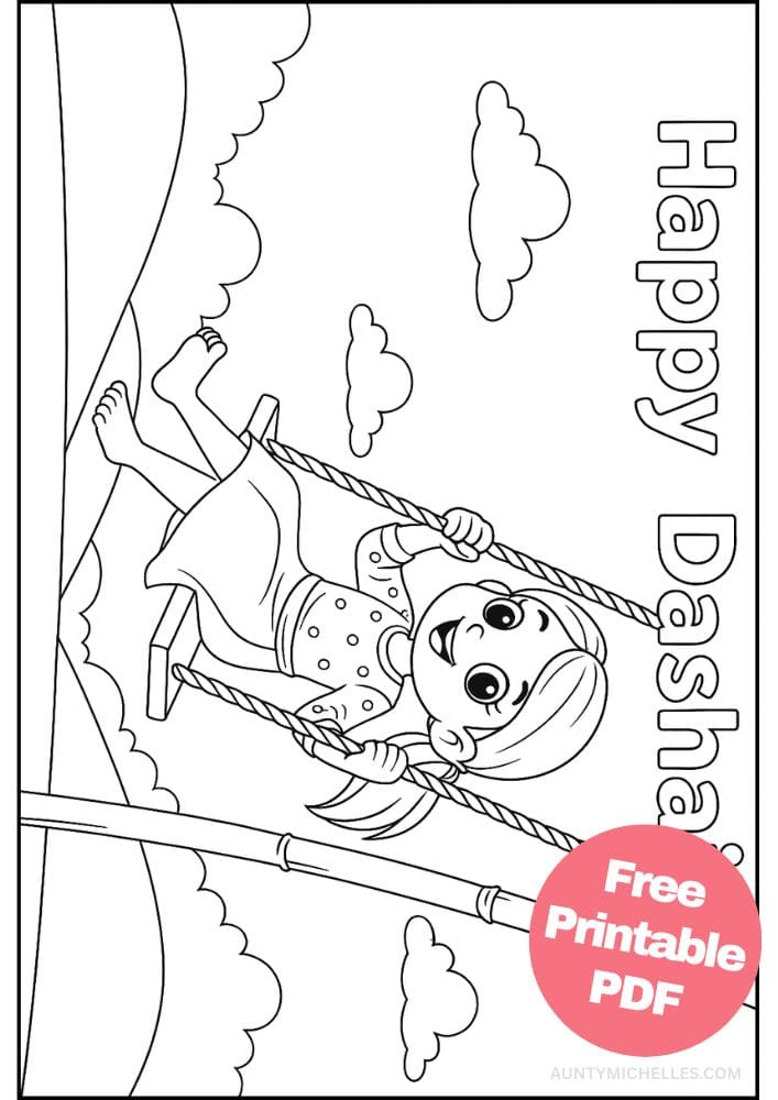 Free Printable Dashain Coloring Pages for Kids Hindu Festival India Nepal Bamboo Swing Girl