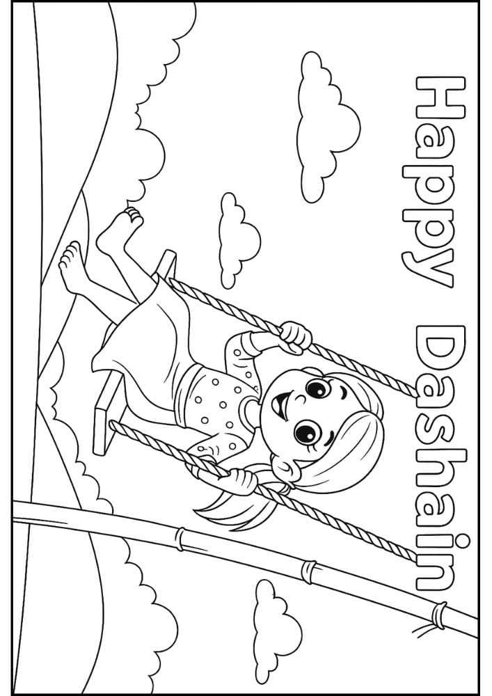 Free Printable Dashain Coloring Pages for Kids Hindu Festival India Nepal Bamboo Swing Girl
