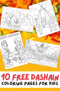Free Printable Dashain Coloring Pages for Kids, Nepal Colouring Book, India Printouts, Hindu Festival Activities, Tikka, Dance, Cards, Bamboo Swing, Family, Feast, Holiday Celebration, PDF download