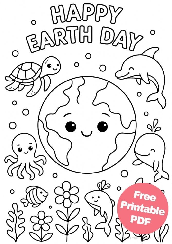 Free Printable Earth Day Coloring Pages for Kids Sustainable Colouring Book Green Printouts Planet Ocean Turtle Dolphin Octopus Whale Fish