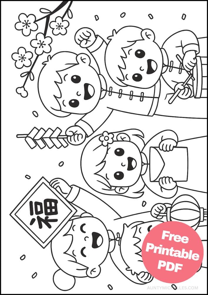 Free Printable Lunar New Year Coloring Pages for Kids Chinese Activities Colouring Book Printout cute kids cherry blosson confetti