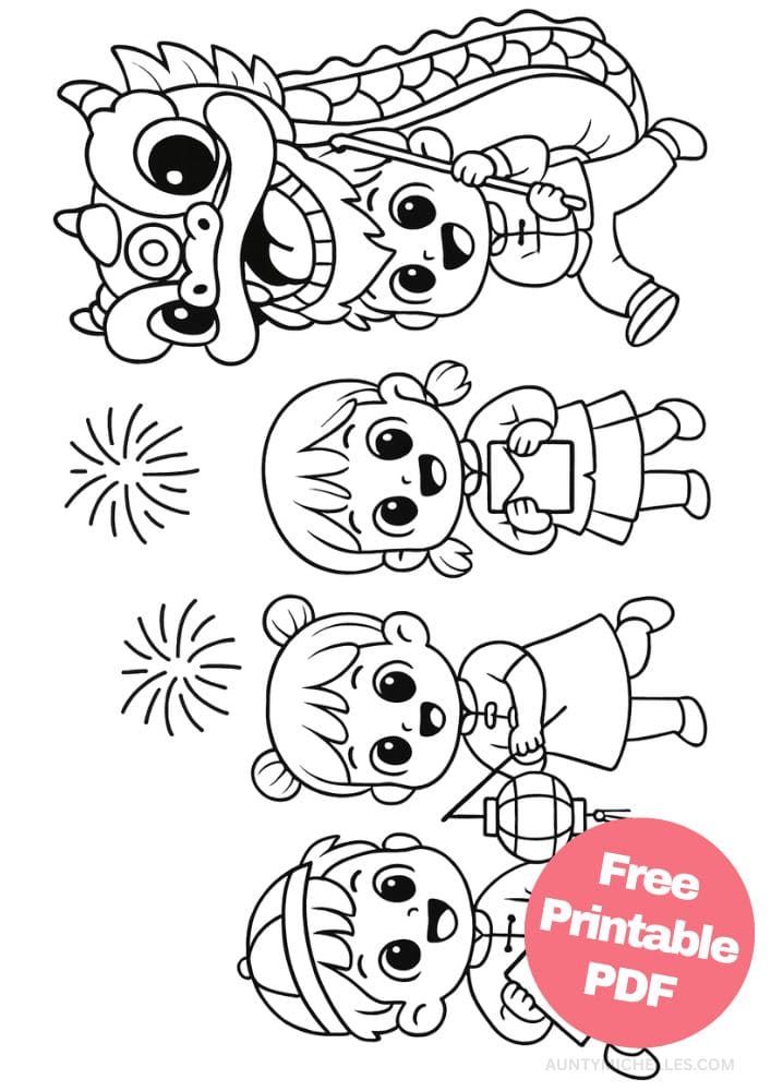 Free Printable Lunar New Year Coloring Pages for Kids Chinese Activities Colouring Book Printout cute kids dragon fireworks