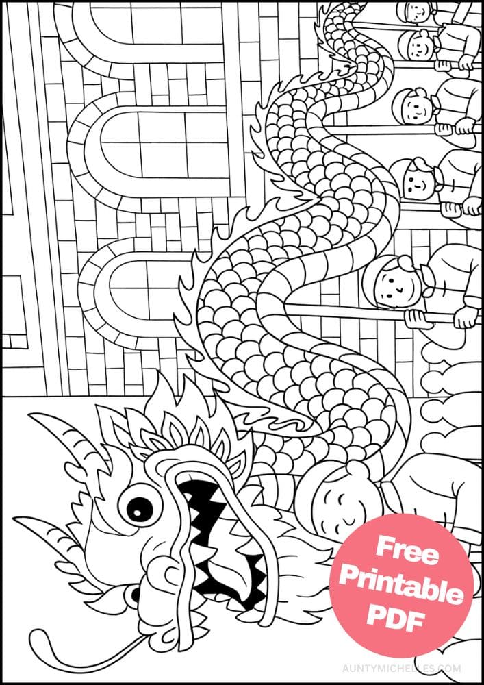 Free Printable Lunar New Year Coloring Pages for Kids Chinese Activities Colouring Book Printout dragon parade
