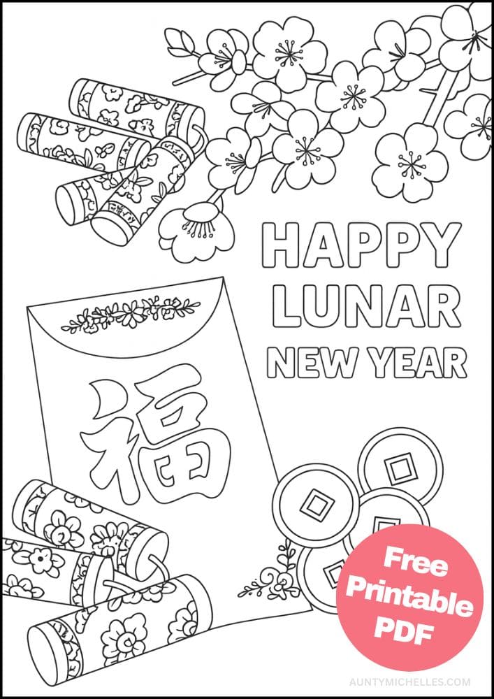 Free Printable Lunar New Year Coloring Pages for Kids Chinese Activities Colouring Book Printout envelope coins cherry blossom