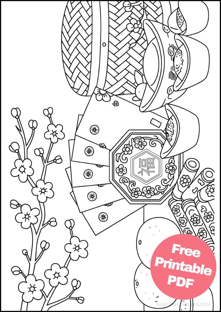 Free Printable Lunar New Year Coloring Pages for Kids Chinese Activities Colouring Book Printout envelope food dumpling cherry blossom orange