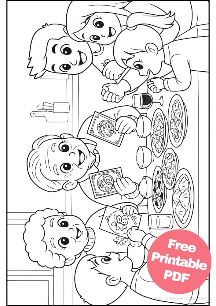 Free Printable Lunar New Year Coloring Pages for Kids Chinese Activities Colouring Book Printout family feast red envelope