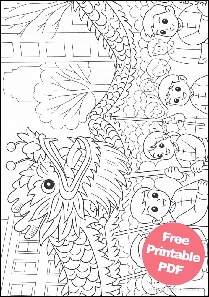 Free Printable Lunar New Year Coloring Pages for Kids Chinese Activities Colouring Book Printout intricate parade of dragons