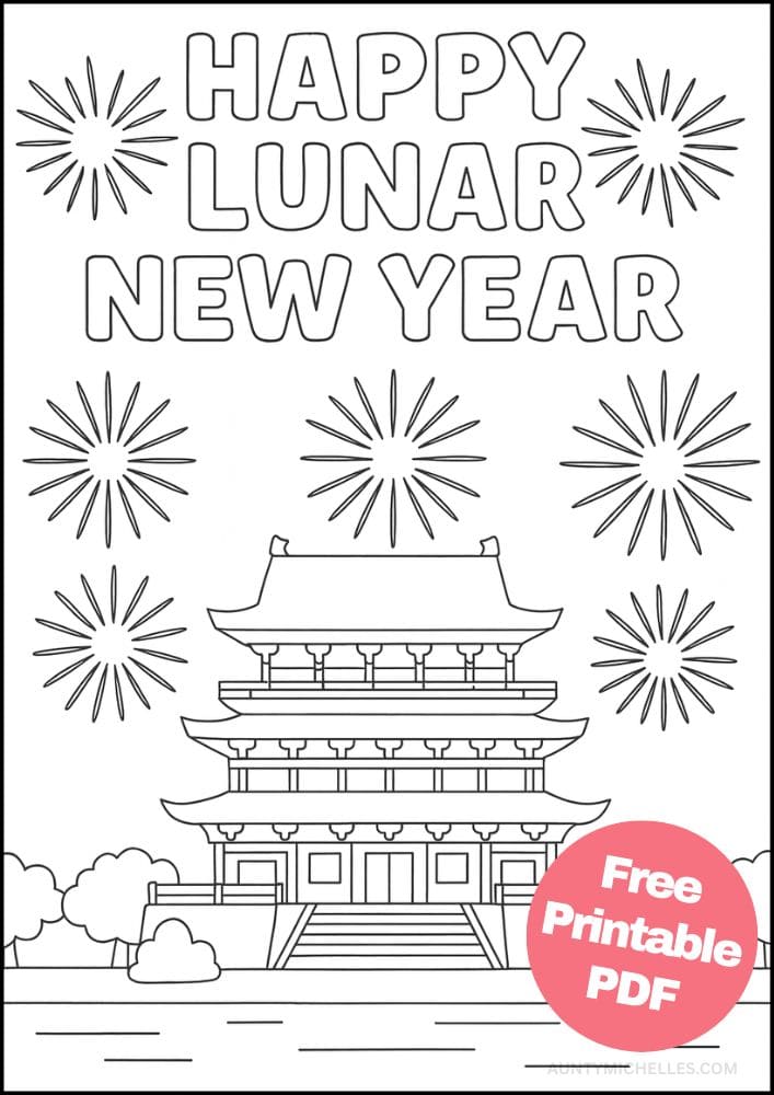 Free Printable Lunar New Year Coloring Pages for Kids Chinese Activities Colouring Book Printout temple fireworks